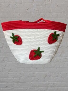 Sunglow Style Strawberry Woven Crochet White Rope Tote Bag Summer Beach Picnic